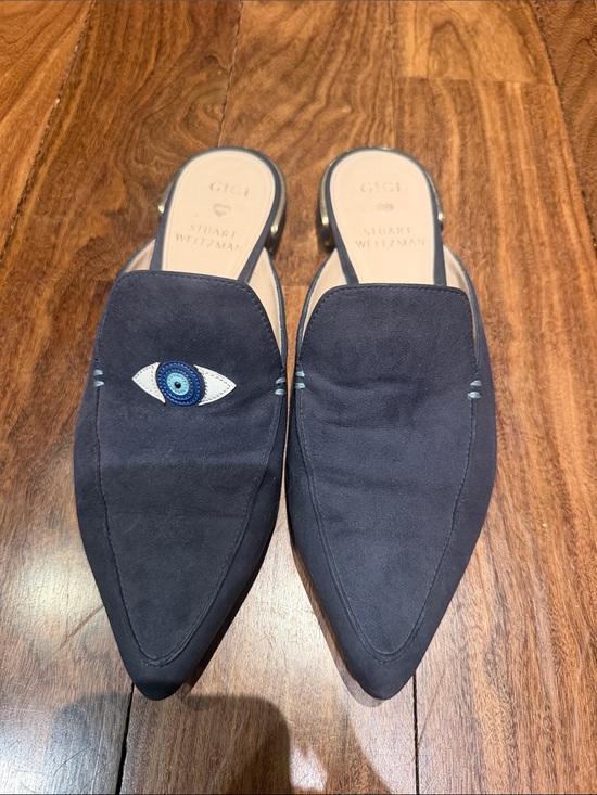 Stuart Weitzman Shoes - Stuart Weitzman Navy Suede Pointed Slip-On Mules with Eye Embroidery